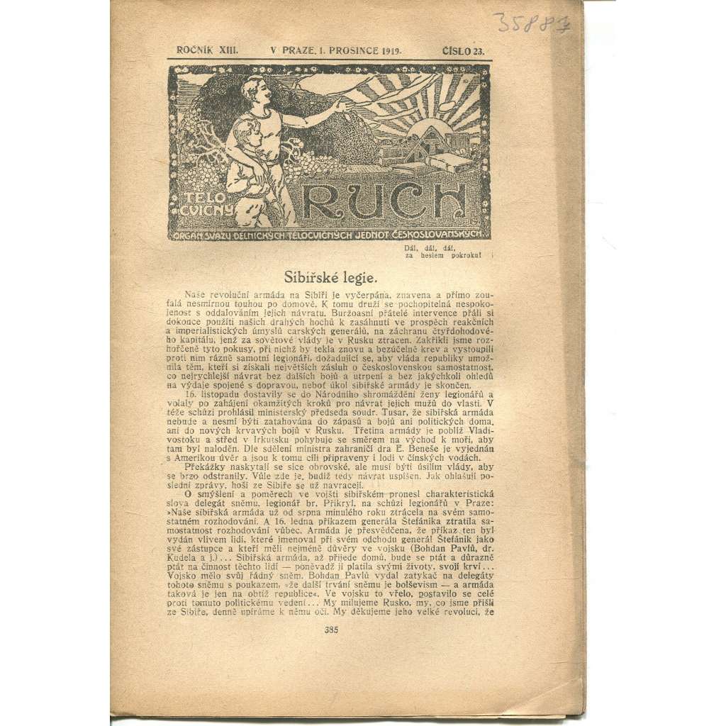 Tělocvičný ruch. Ročník XIII., číslo 23/1919. Orgán svazu dělnických tělocvičných jednot českoslovanských (1. republika, staré noviny)