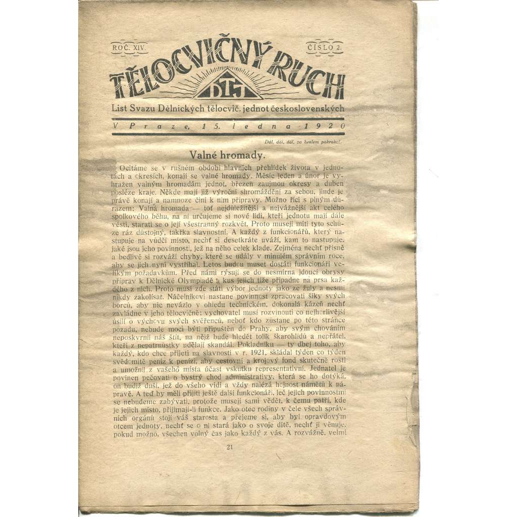 Tělocvičný ruch. Ročník XIV., číslo 2/1920. List svazu dělnických tělocvičných jednot československých (1. republika, staré noviny)