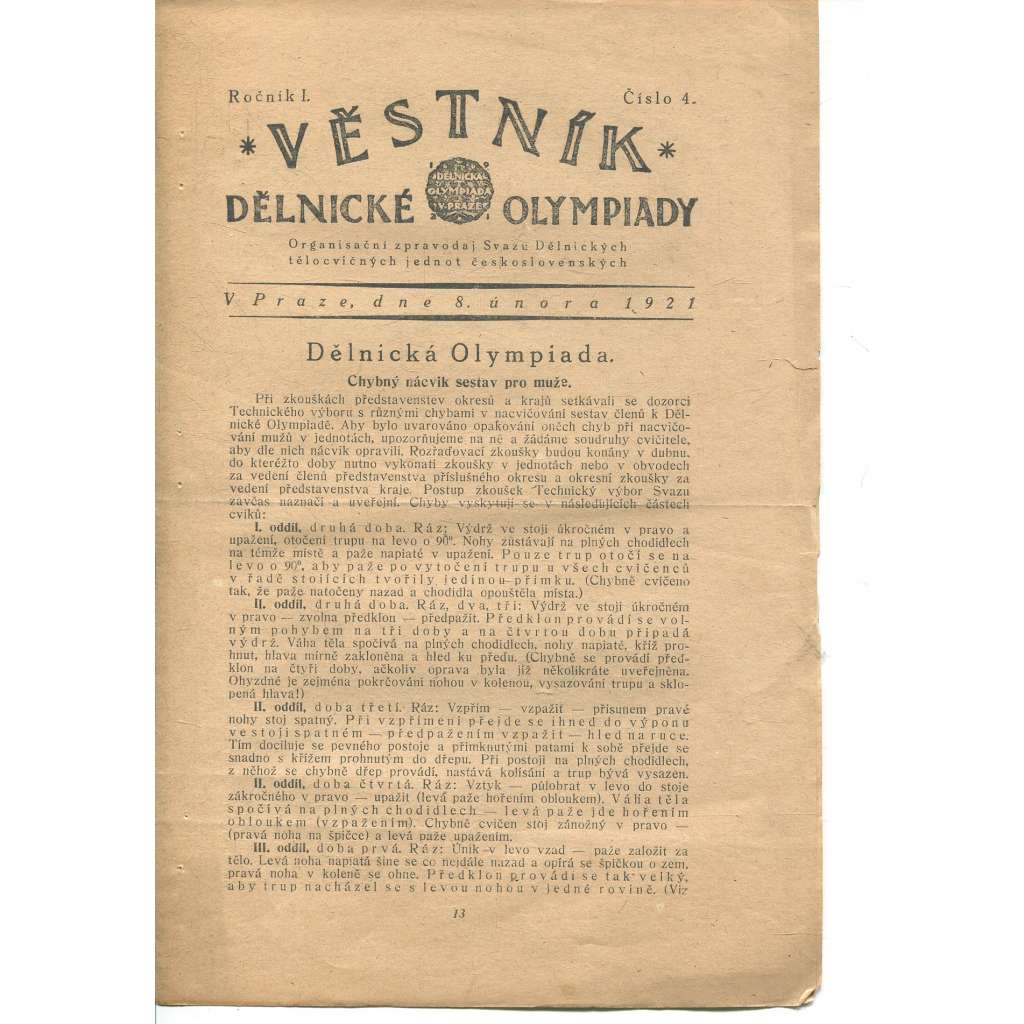 Věstník Dělnické olympiady. Ročník I., číslo 4/1921. Organisační zpravodaj Svazu Dělnických tělocvičných jednot československých (1. republika, staré noviny)