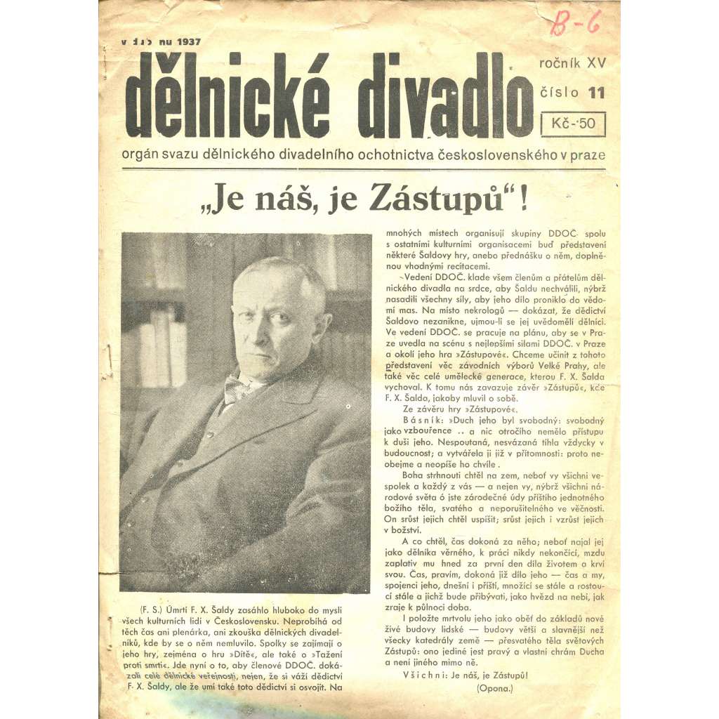 Dělnické divadlo, ročník XV., číslo 11/1937 (1. republika, noviny, časopis)