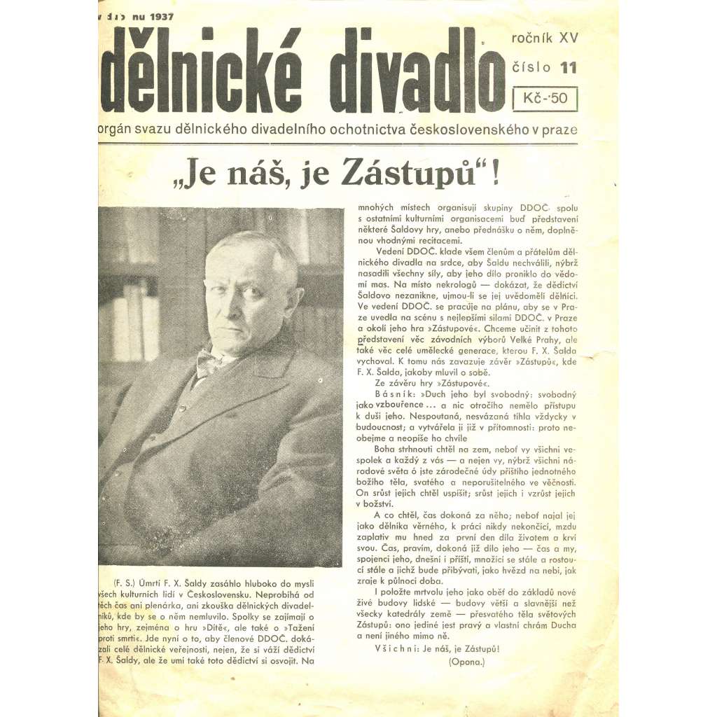 Dělnické divadlo, ročník XV., číslo 11/1937 (1. republika, noviny, časopis)