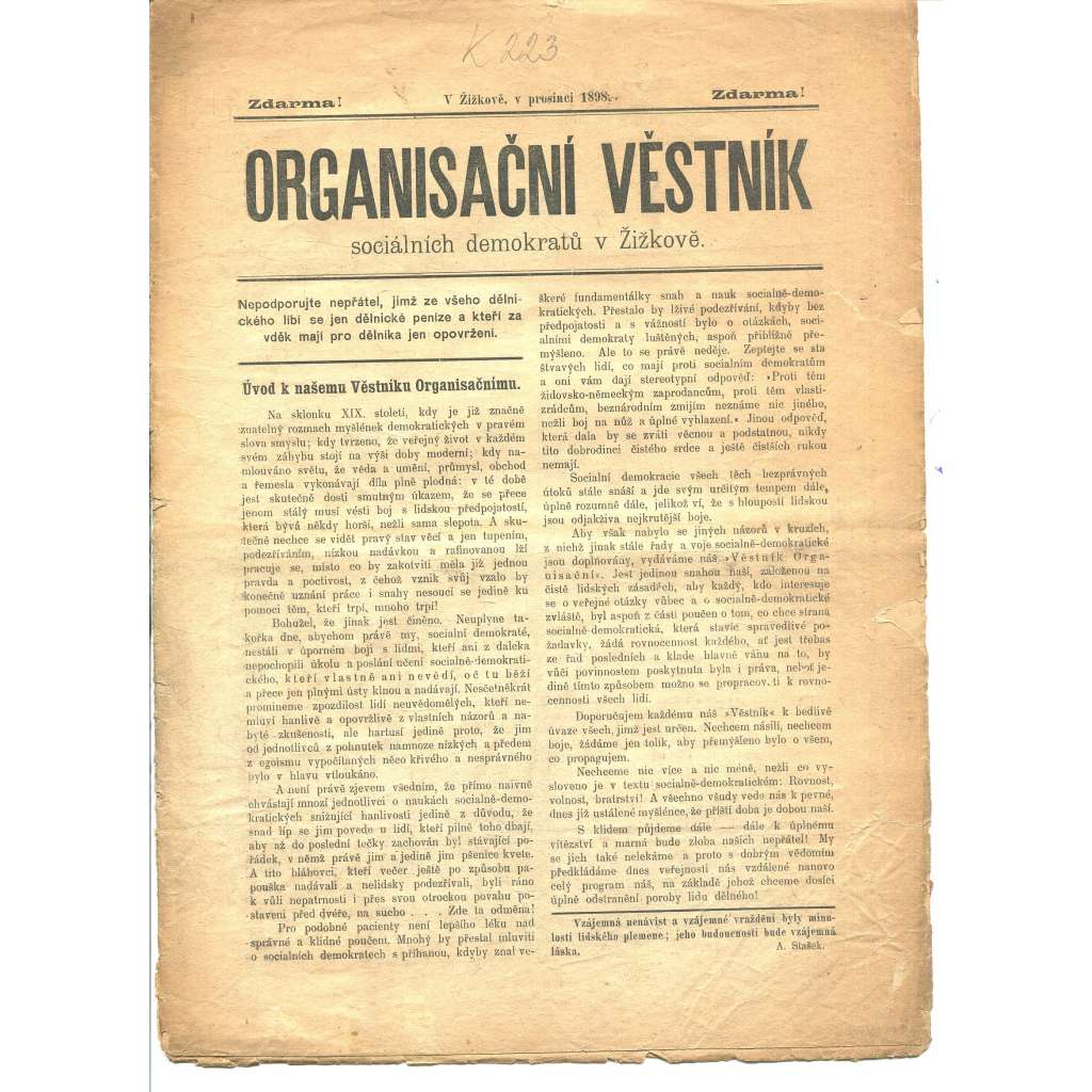 Organisační věstník sociálních demokratů na Žižkově (staré noviny, 1898, Žižkov)