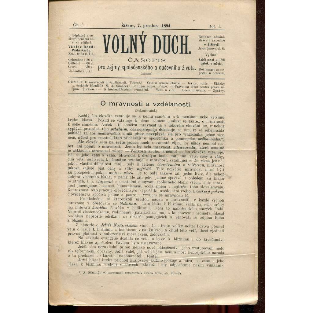 Volný duch, ročník I., číslo 2/1894. Časopis pro zájmy společenského a duševního života (staré noviny)