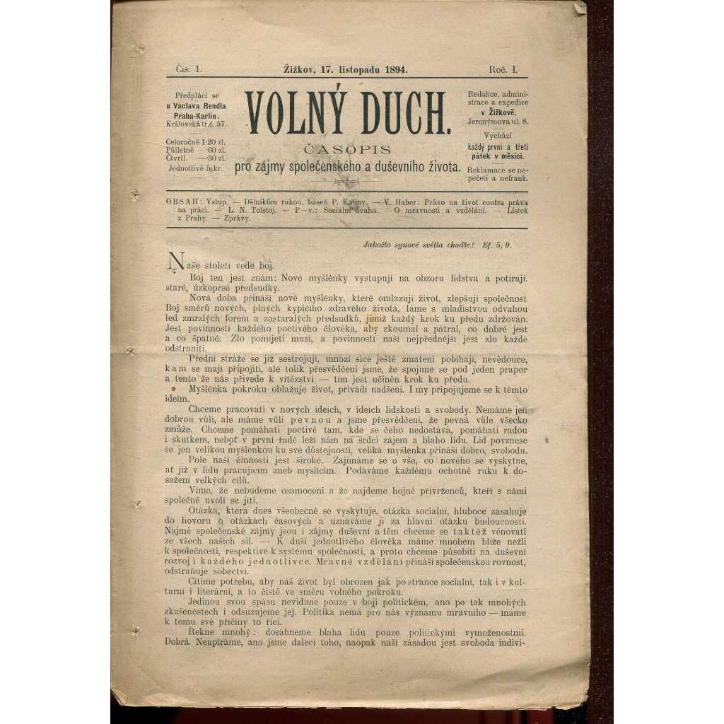 Volný duch, ročník I., číslo 1/1894. Časopis pro zájmy společenského a duševního života (staré noviny)