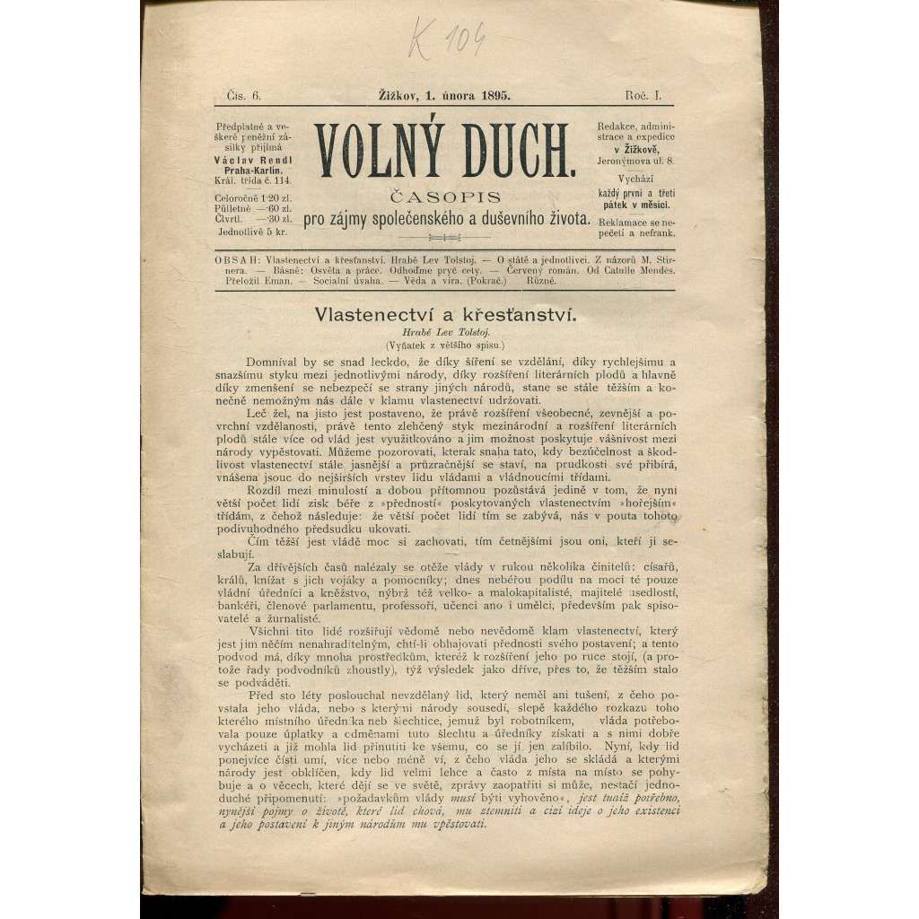 Volný duch, ročník I., číslo 6/1895. Časopis pro zájmy společenského a duševního života (staré noviny)