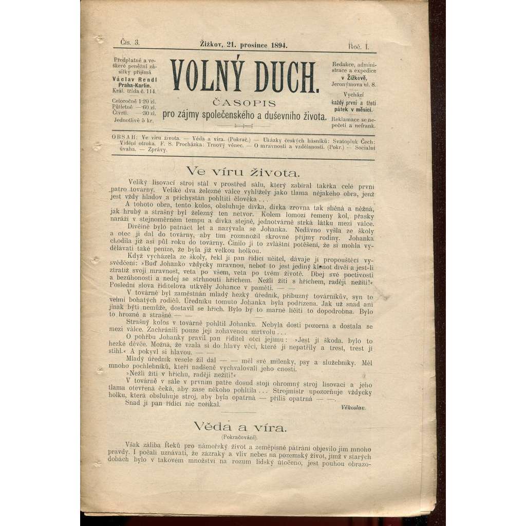 Volný duch, ročník I., číslo 3/1894. Časopis pro zájmy společenského a duševního života (staré noviny)