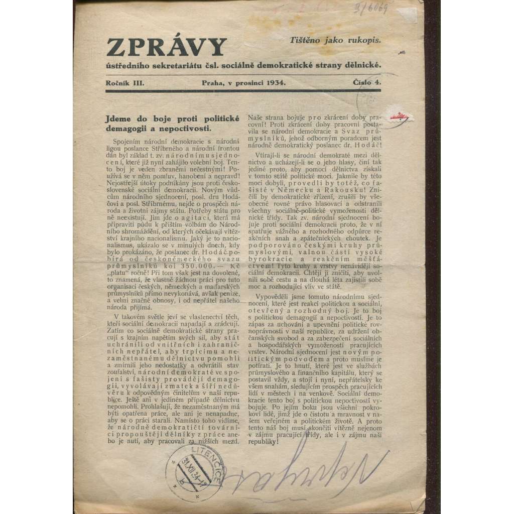 Zprávy ústředního sekretariátu čsl. sociálně demokratické strany dělnické, ročník III., číslo 4/1934 (staré noviny)