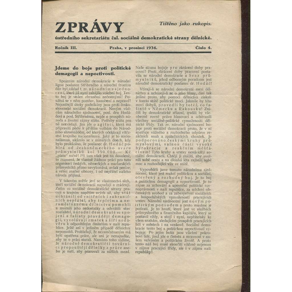 Zprávy ústředního sekretariátu čsl. sociálně demokratické strany dělnické, ročník III., číslo 4/1934 (staré noviny)
