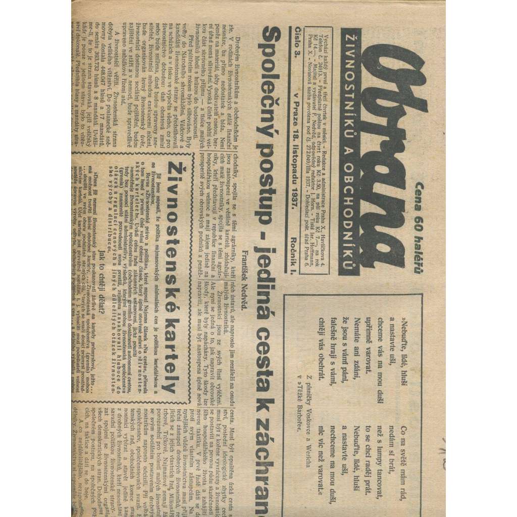Obrana živnostníků a obchodníků, ročník I., číslo 3/1937 (1. republika, staré noviny)