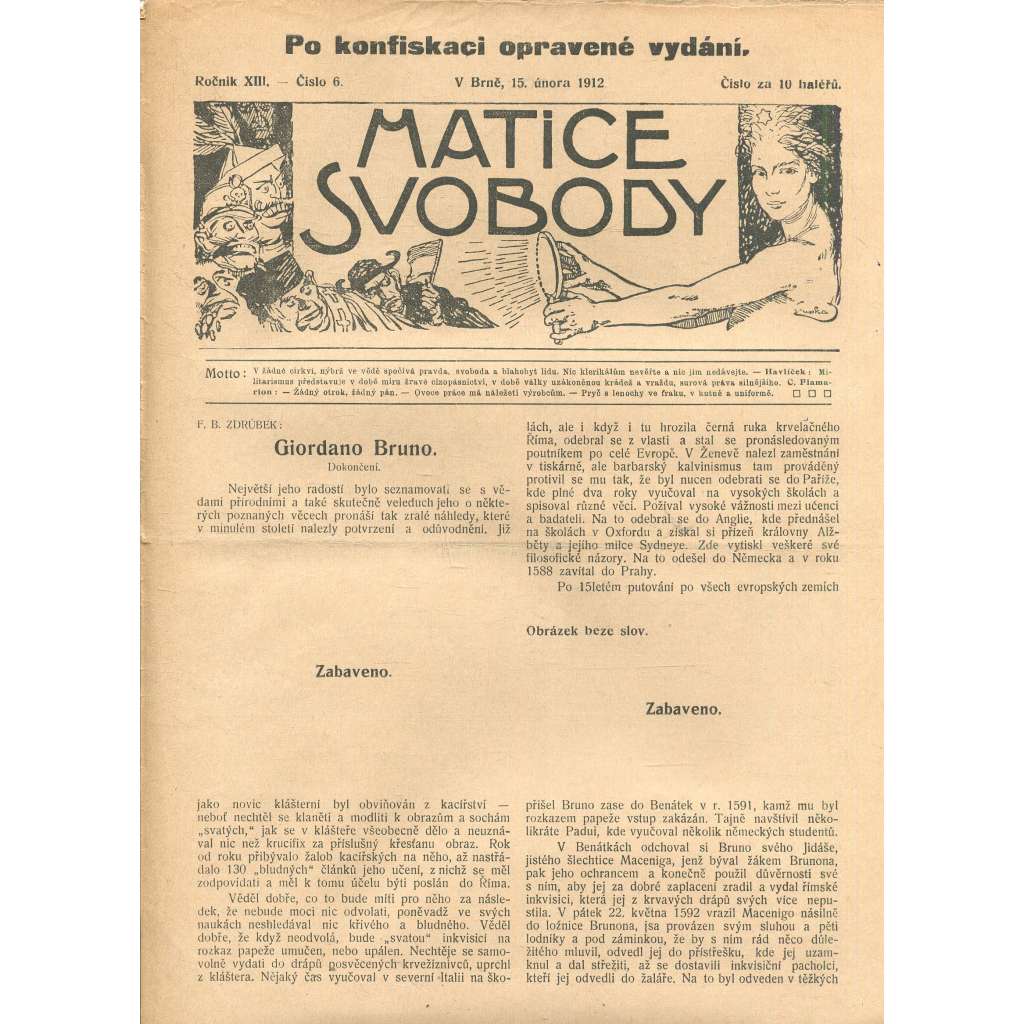 Matice svobody, ročník XIII., číslo 6/1912 (staré noviny)