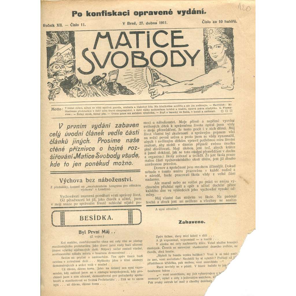 Matice svobody, ročník XII., číslo 11/1911 (staré noviny) - pošk.