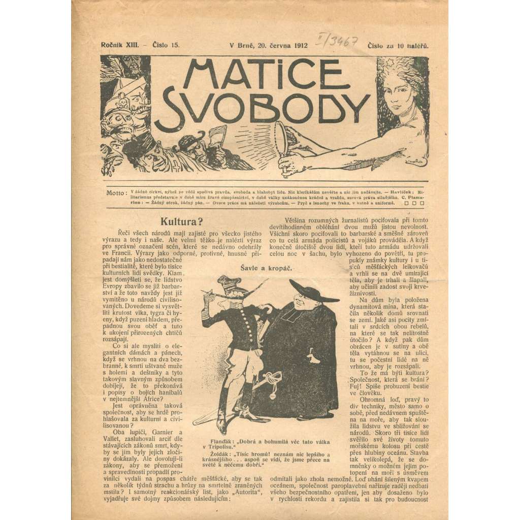 Matice svobody, ročník XIII., číslo 15/1912 (staré noviny)