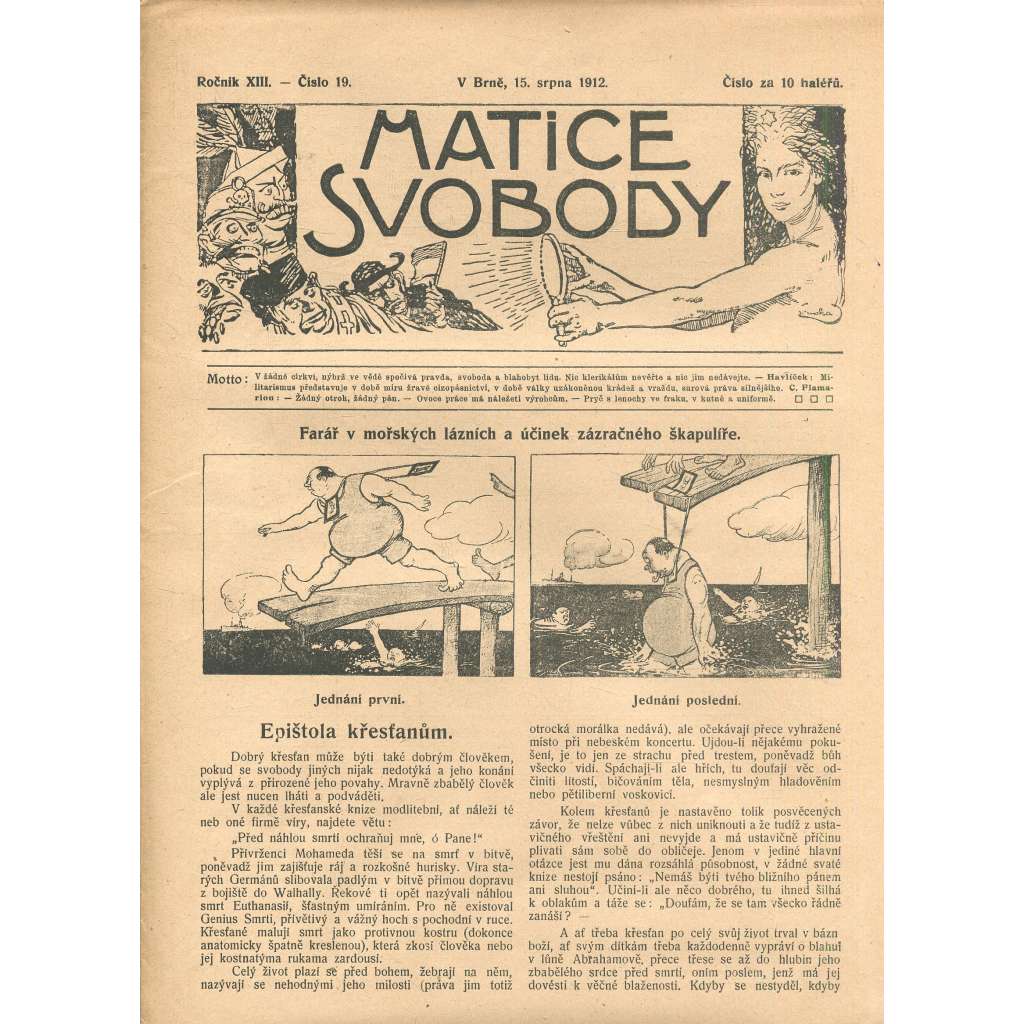 Matice svobody, ročník XIII., číslo 19/1912 (staré noviny)