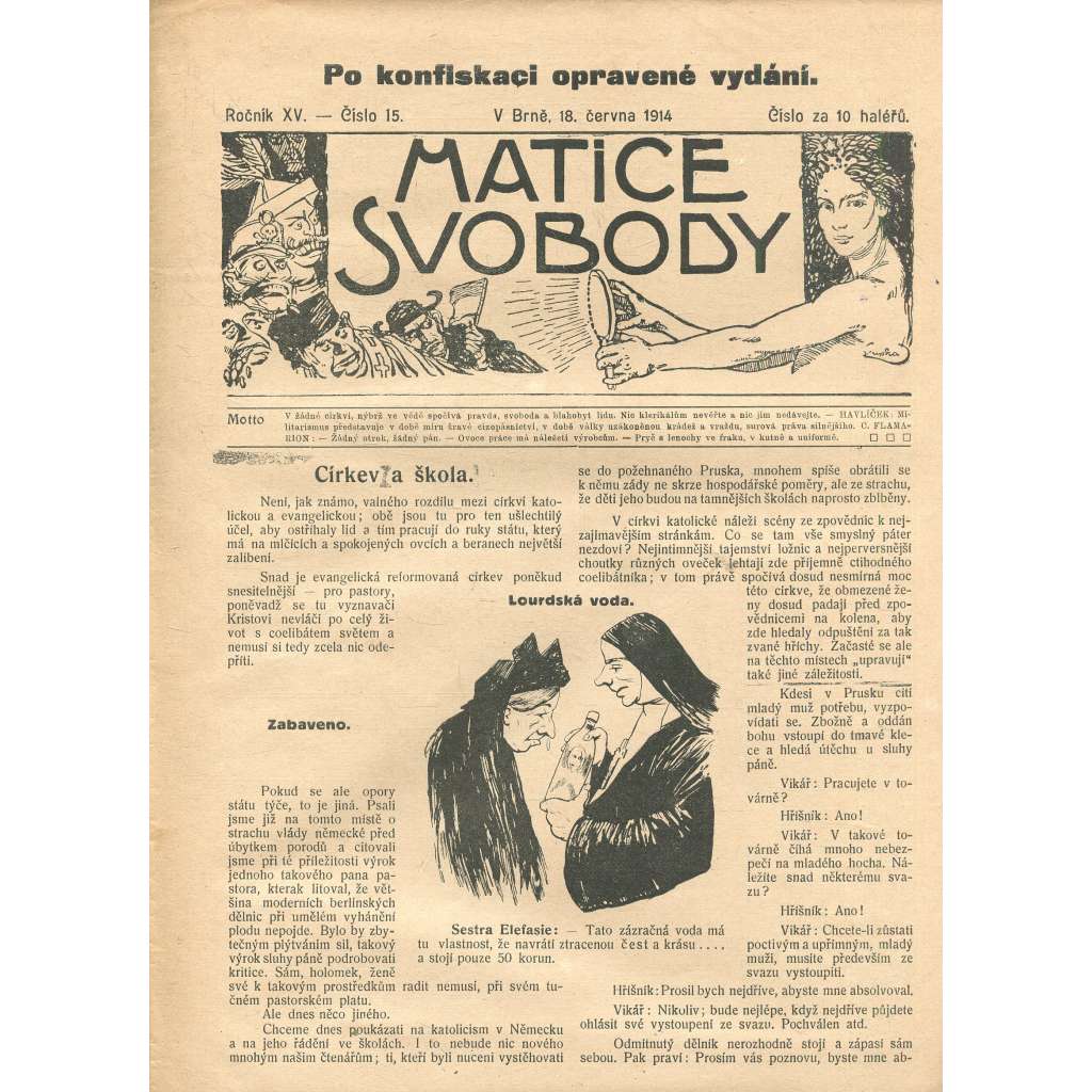 Matice svobody, ročník XV., číslo 15/1914 (staré noviny)