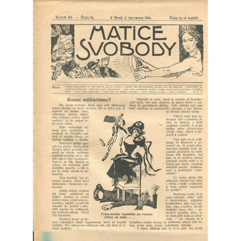 Matice svobody, ročník XV., číslo 16/1914 (staré noviny)