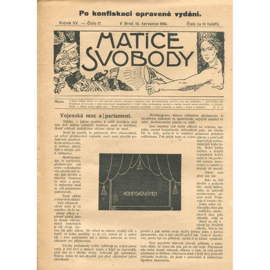 Matice svobody, ročník XV., číslo 17/1914 (staré noviny)