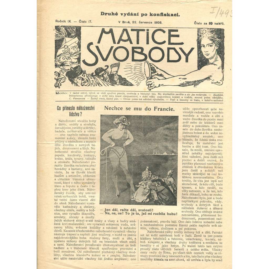 Matice svobody, ročník IX., číslo 17/1908 (staré noviny)