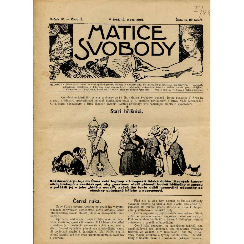 Matice svobody, ročník IX., číslo 19/1908 (staré noviny)
