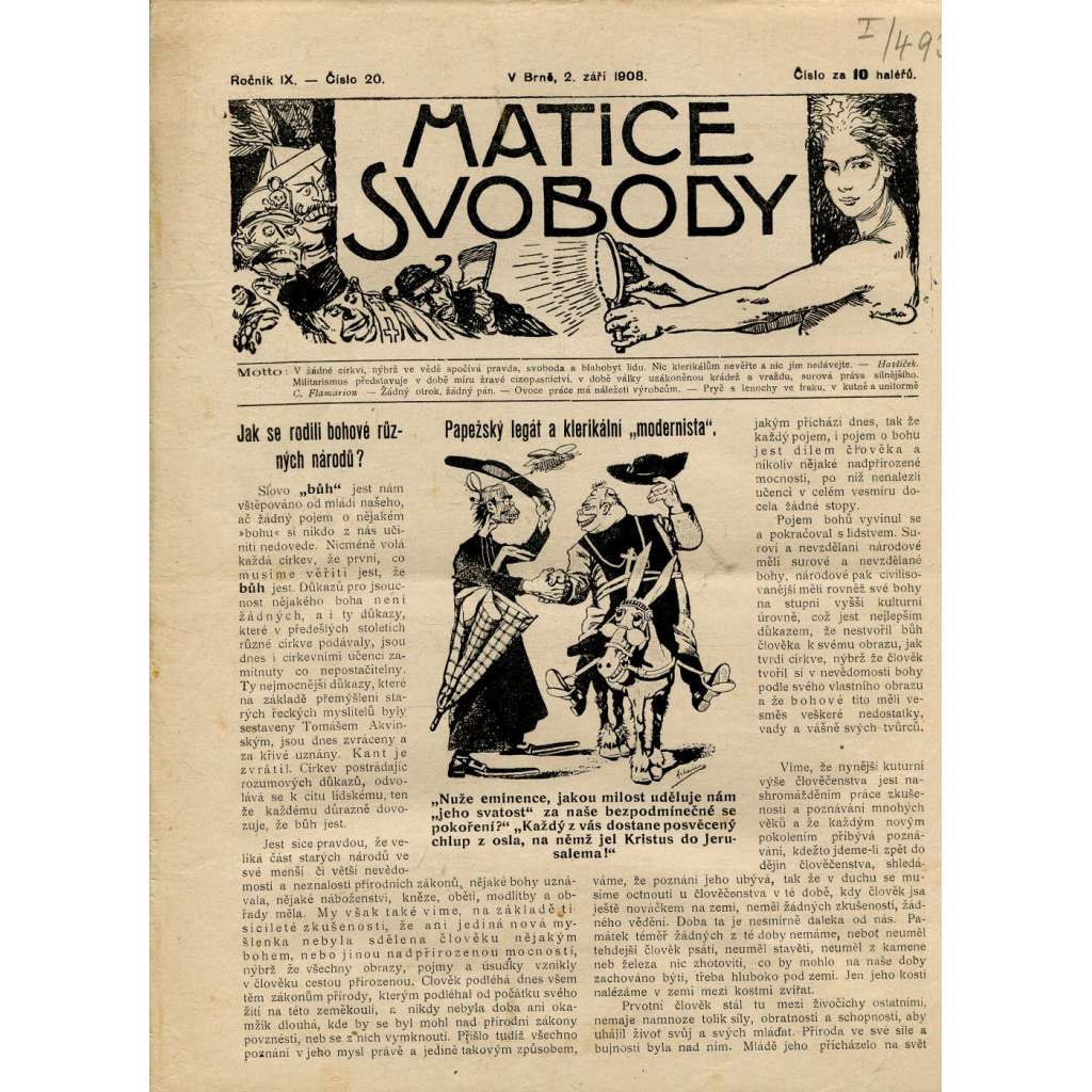 Matice svobody, ročník IX., číslo 20/1908 (staré noviny)