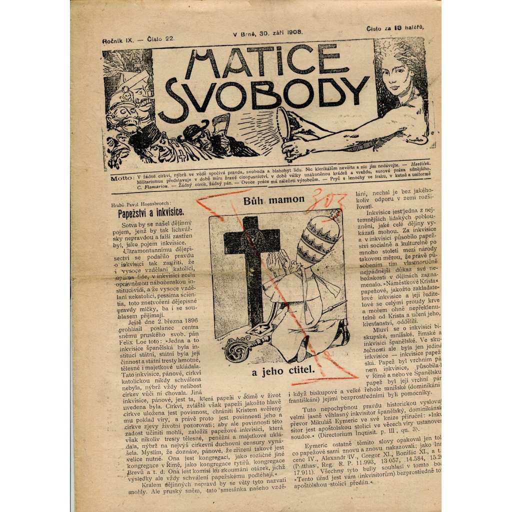Matice svobody, ročník IX., číslo 22/1908 (staré noviny)
