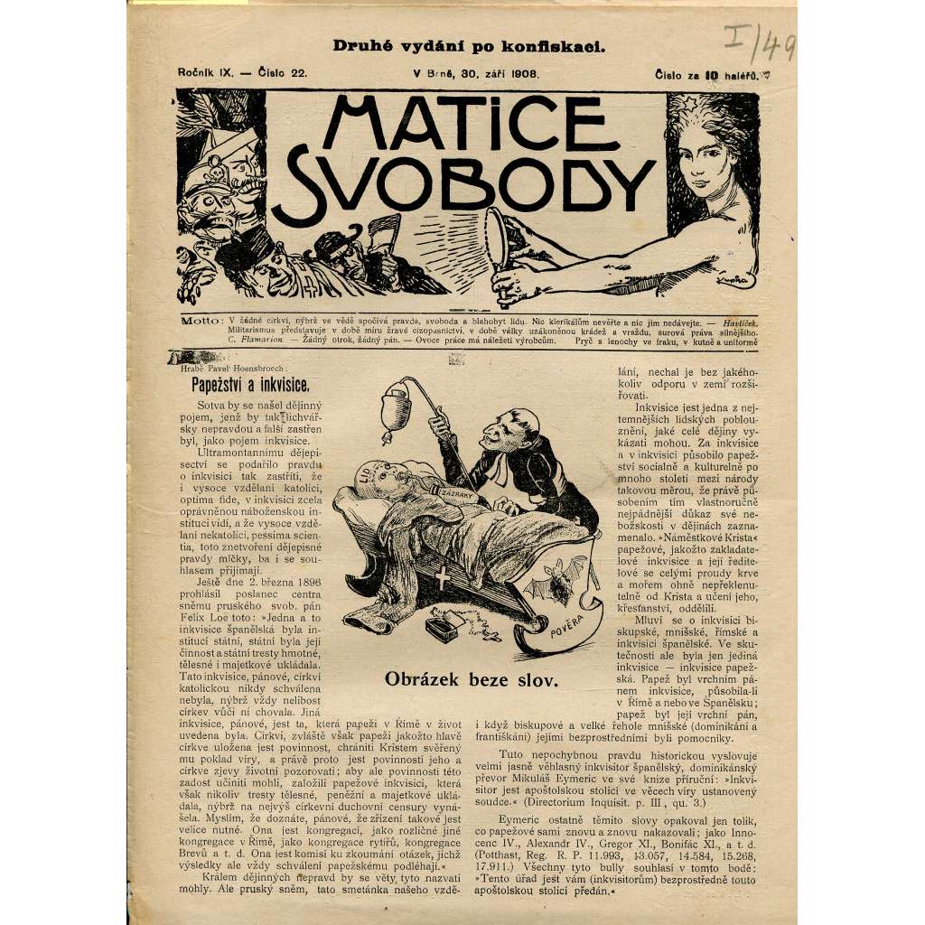 Matice svobody, ročník IX., číslo 22/1908 (staré noviny)