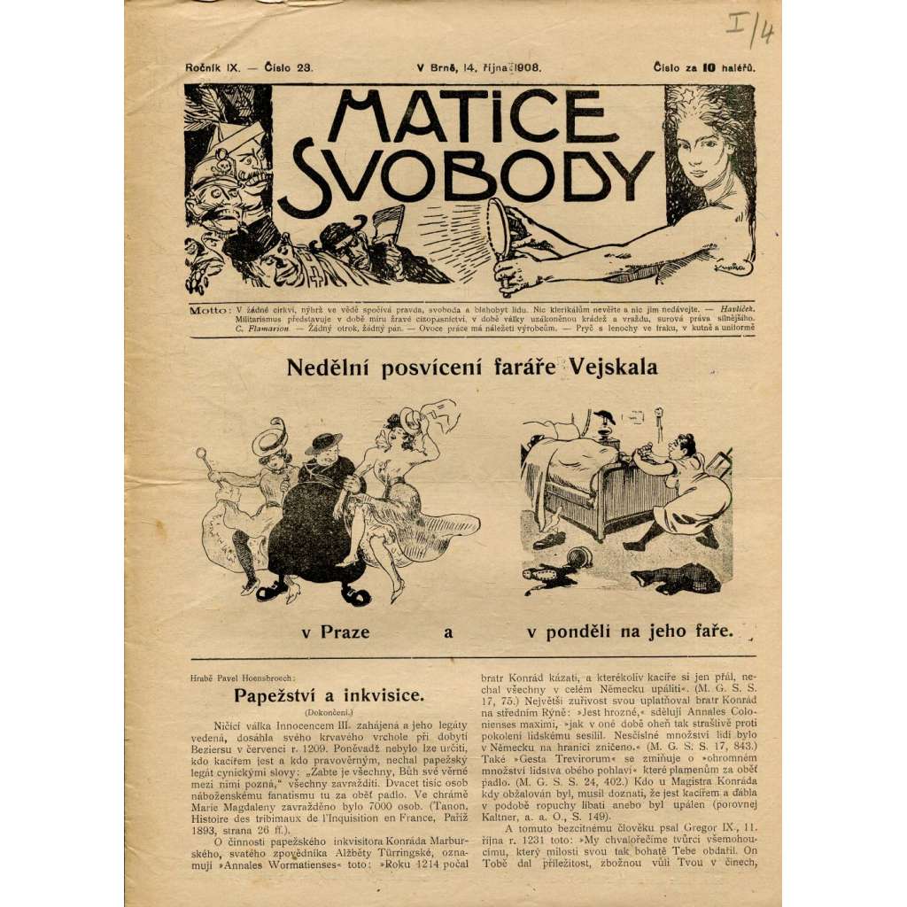 Matice svobody, ročník IX., číslo 23/1908 (staré noviny)