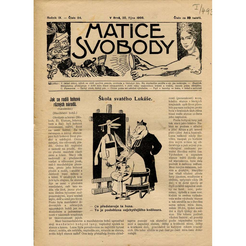 Matice svobody, ročník IX., číslo 24/1908 (staré noviny)