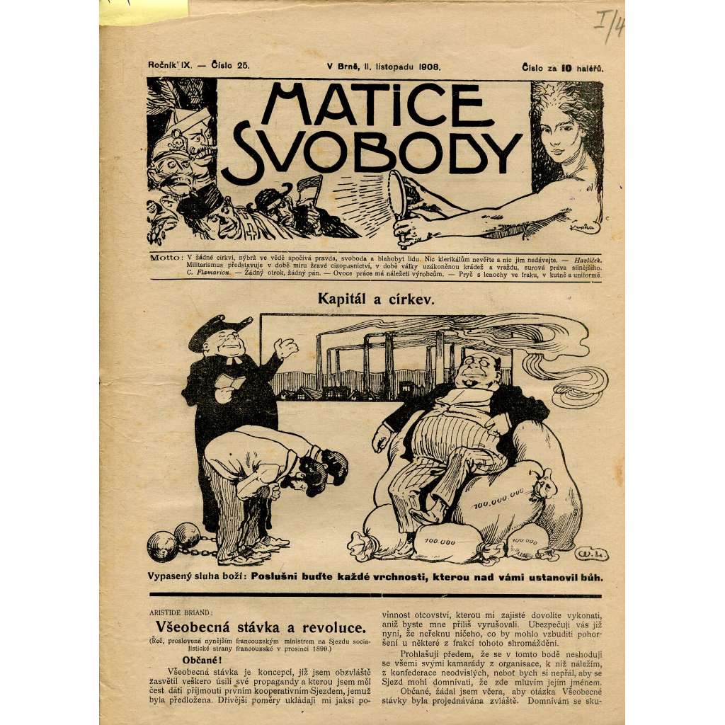 Matice svobody, ročník IX., číslo 25/1908 (staré noviny)