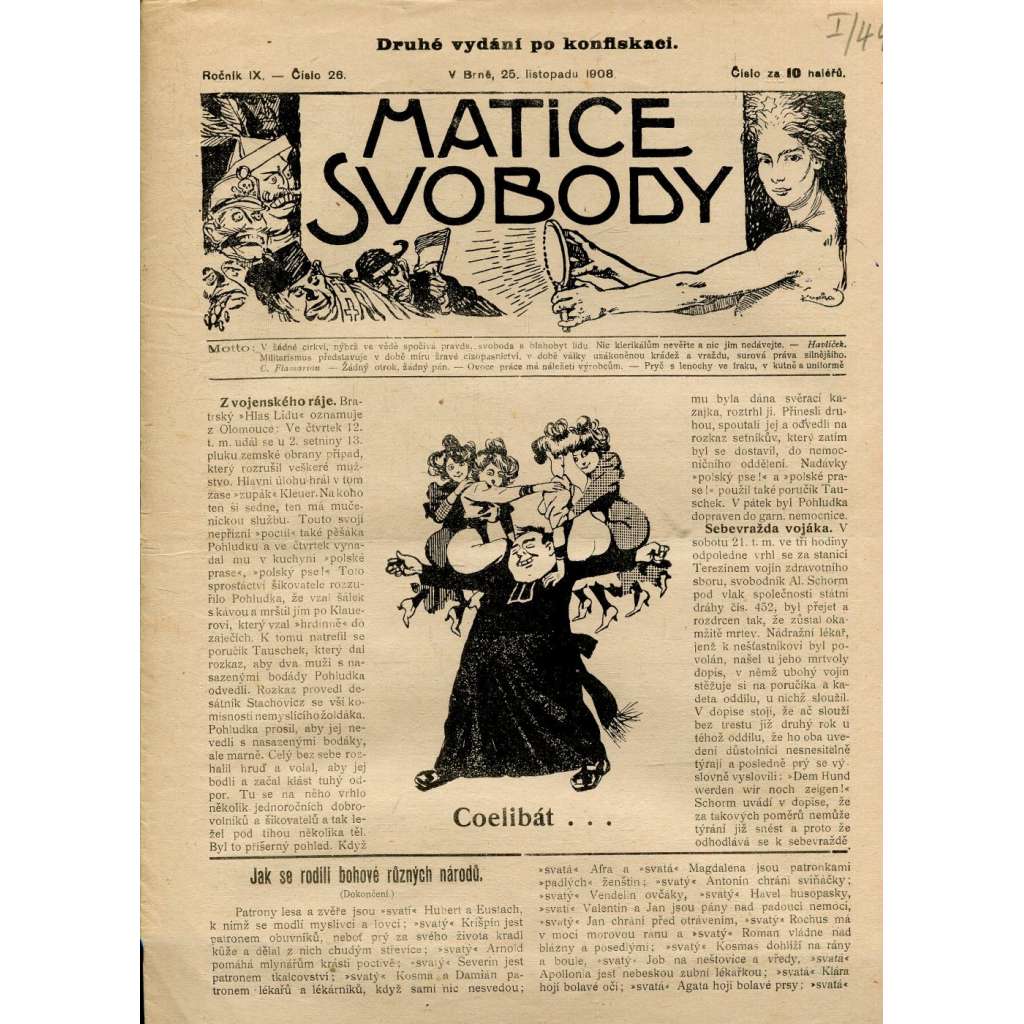 Matice svobody, ročník IX., číslo 26/1908 (staré noviny)