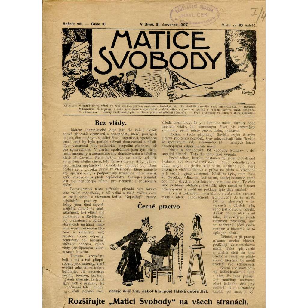 Matice svobody, ročník VIII., číslo 18/1907 (staré noviny) - pošk.