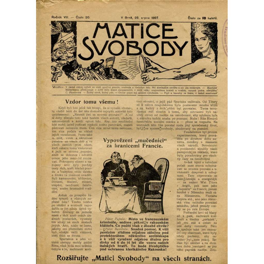 Matice svobody, ročník VIII., číslo 20/1907 (staré noviny)
