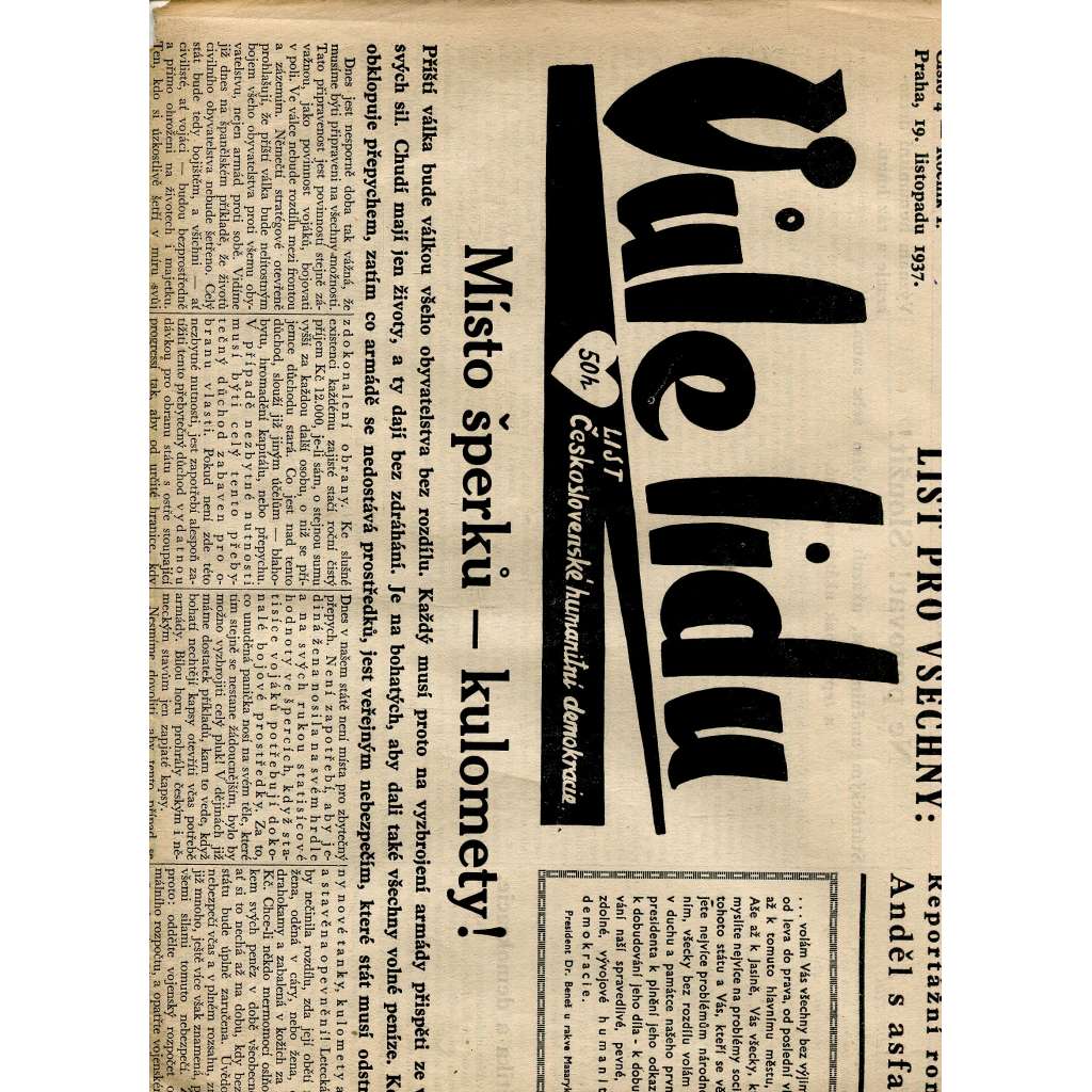 Vůle lidu, ročník I., číslo 4/1937. List československé humanitní demokracie (1. republika, noviny)