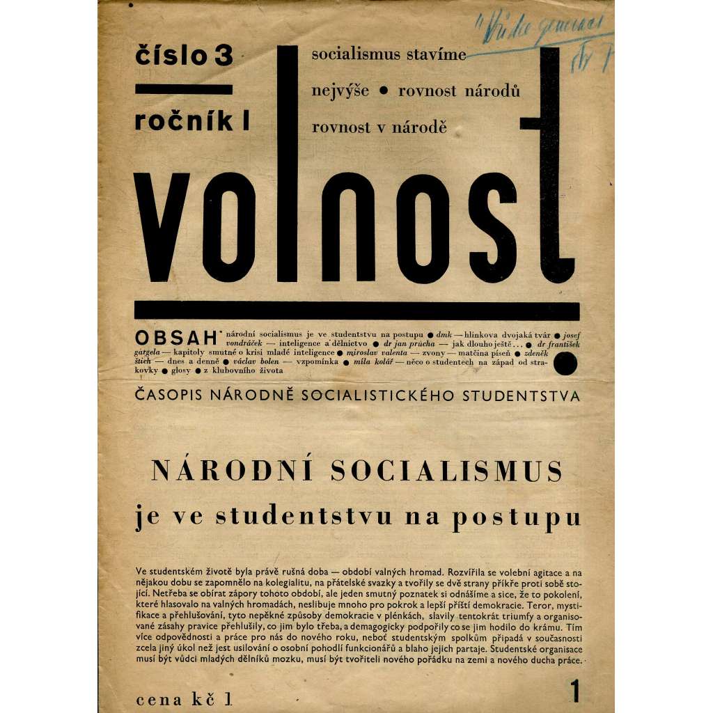 Volnost, ročník I., číslo 3/1932 (1. republika, noviny)