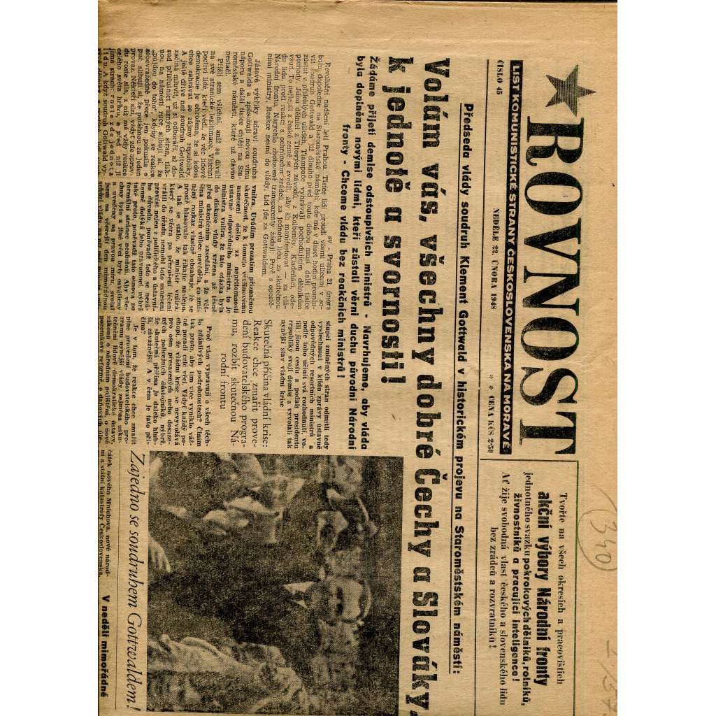 Rovnost, číslo 45/1948. List Komunistické strany Československa na Moravě (noviny)
