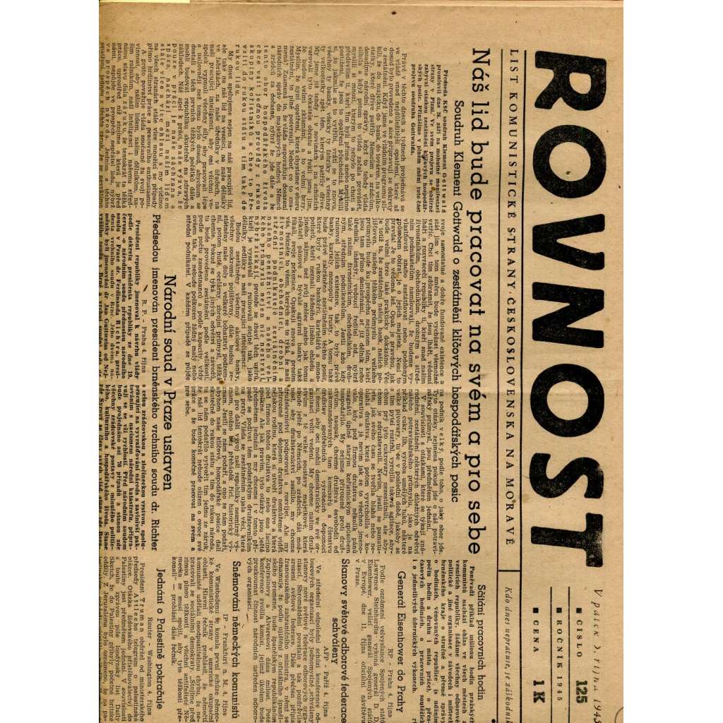 Rovnost, číslo 125/1945. List Komunistické strany Československa na Moravě (noviny)