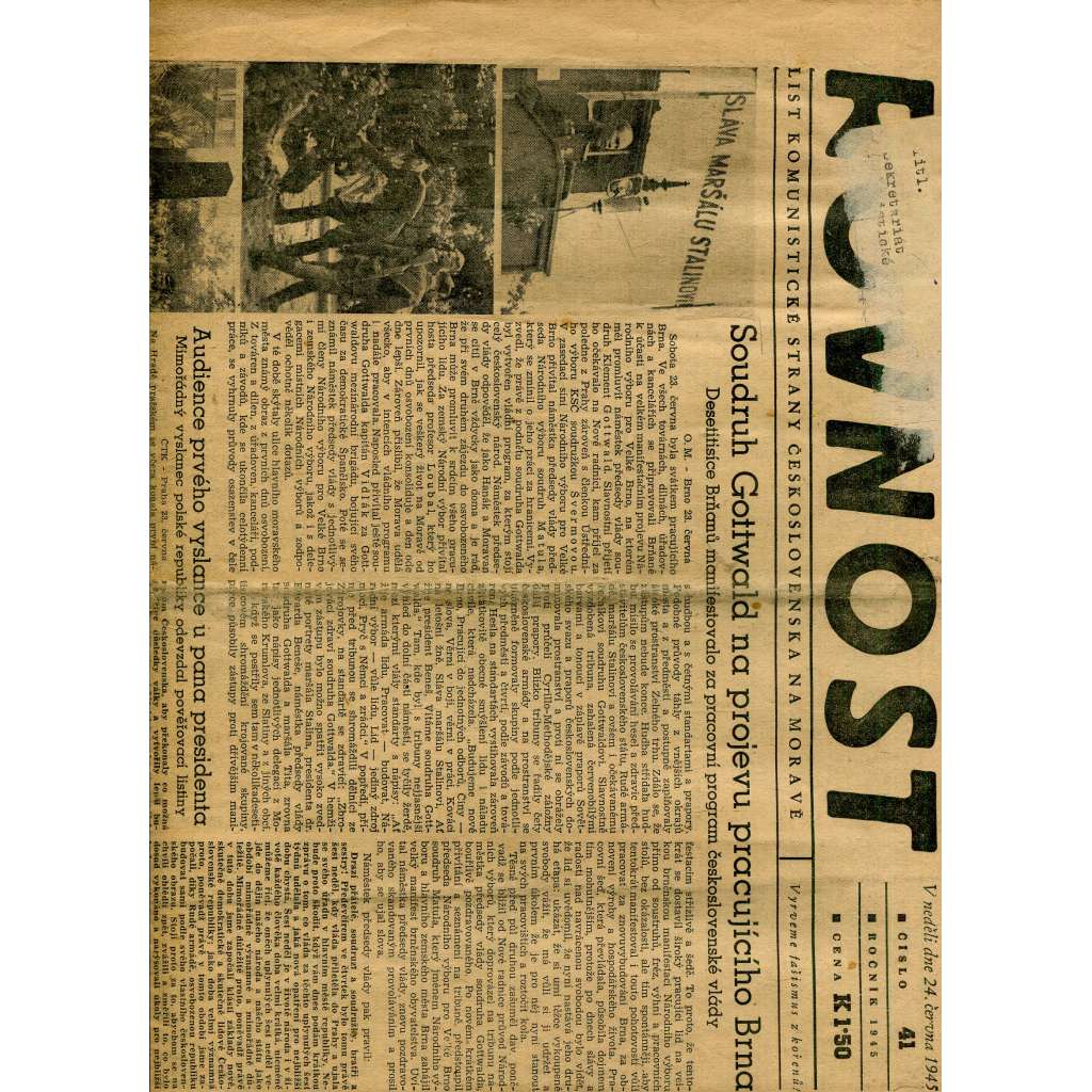 Rovnost, číslo 41/1945. List Komunistické strany Československa na Moravě (noviny)