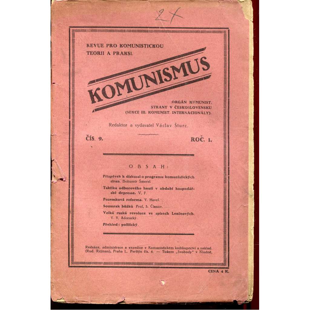 Komunismus, ročník I., číslo 9/1922. Revue pro komunistickou teorii a praxi (1. republika, noviny, časopis)