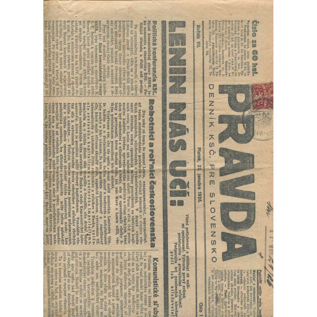 Pravda, ročník VII., číslo 17/196. Denník KSČ pre Slovensko (1. republika, noviny)