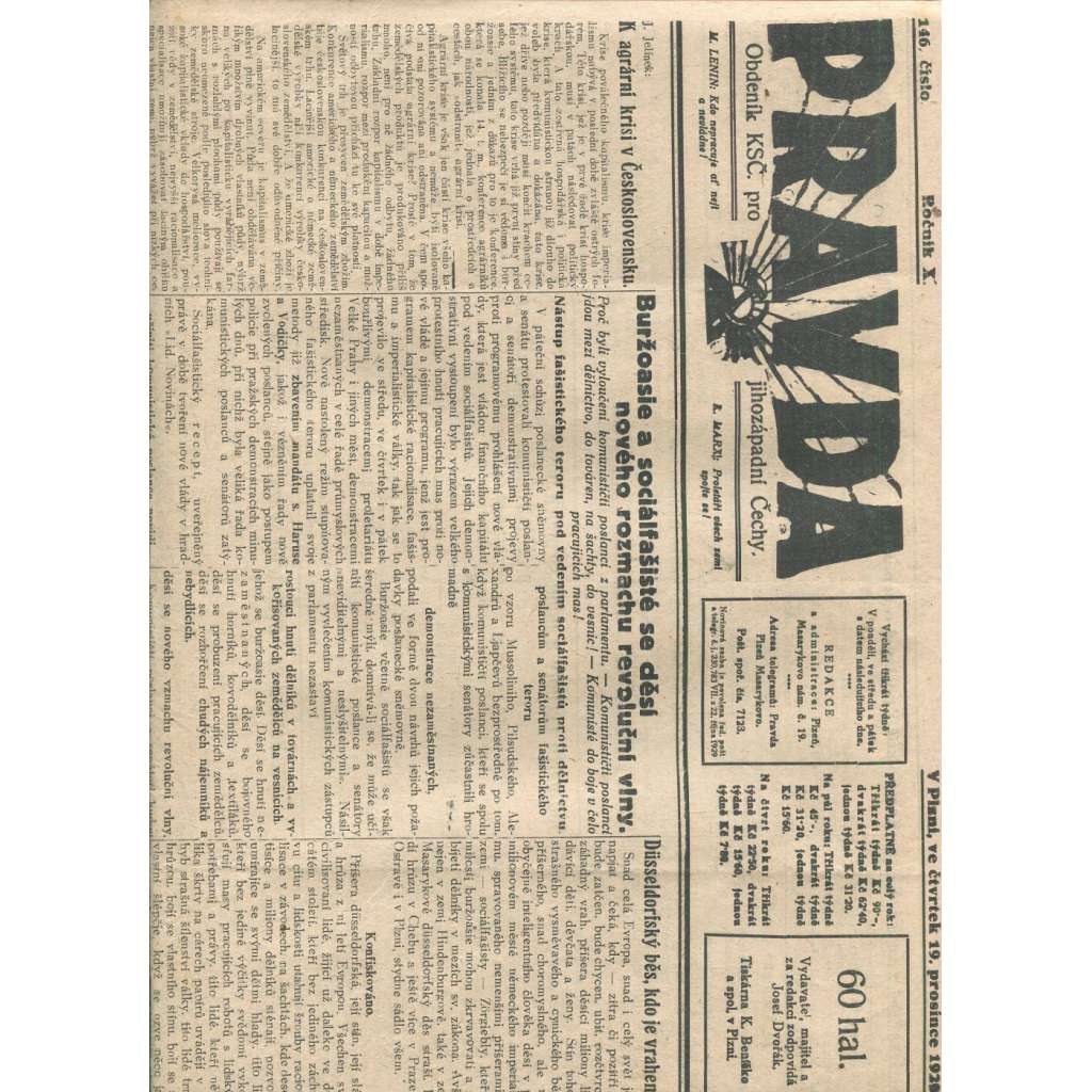 Pravda, ročník X., číslo 146/1929. Obdeník KSČ pro jihozápadní Čechy (1. republika, noviny) - Plzeň