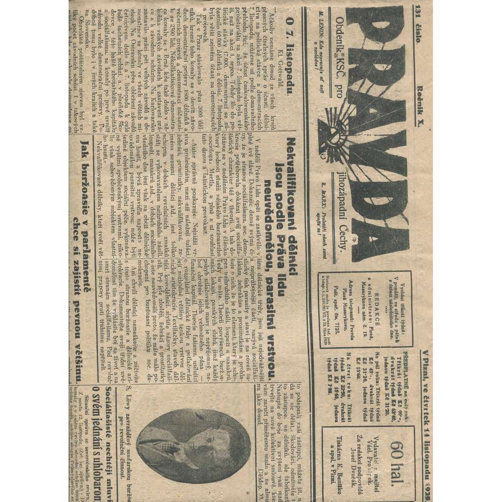 Pravda, ročník X., číslo 131/1929. Obdeník KSČ pro jihozápadní Čechy (1. republika, noviny) - Plzeň