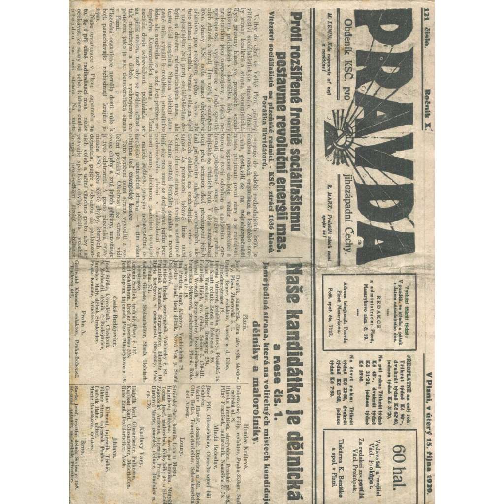 Pravda, ročník X., číslo 121/1929. Obdeník KSČ pro jihozápadní Čechy (1. republika, noviny) - Plzeň