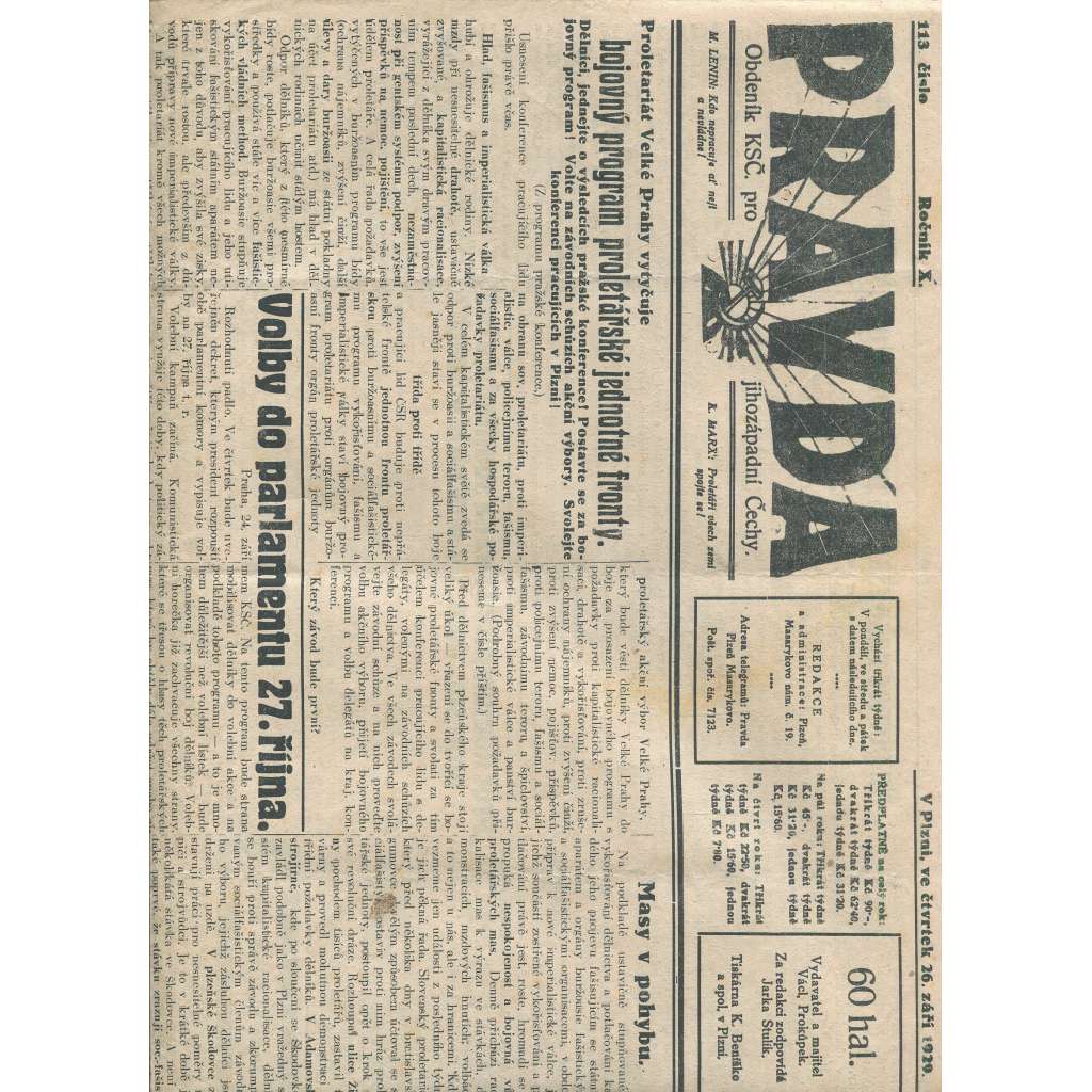Pravda, ročník X., číslo 113/1929. Obdeník KSČ pro jihozápadní Čechy (1. republika, noviny) - Plzeň
