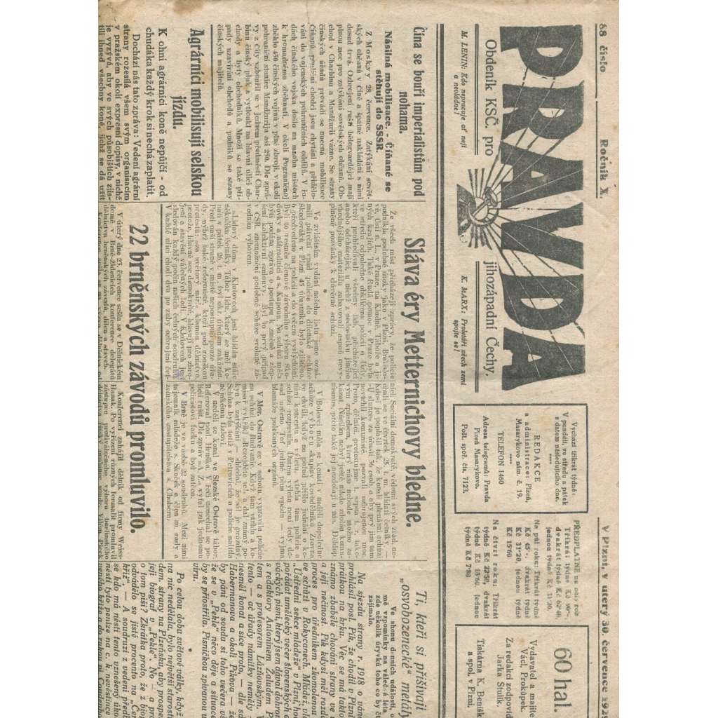 Pravda, ročník X., číslo 88/1929. Obdeník KSČ pro jihozápadní Čechy (1. republika, noviny) - Plzeň