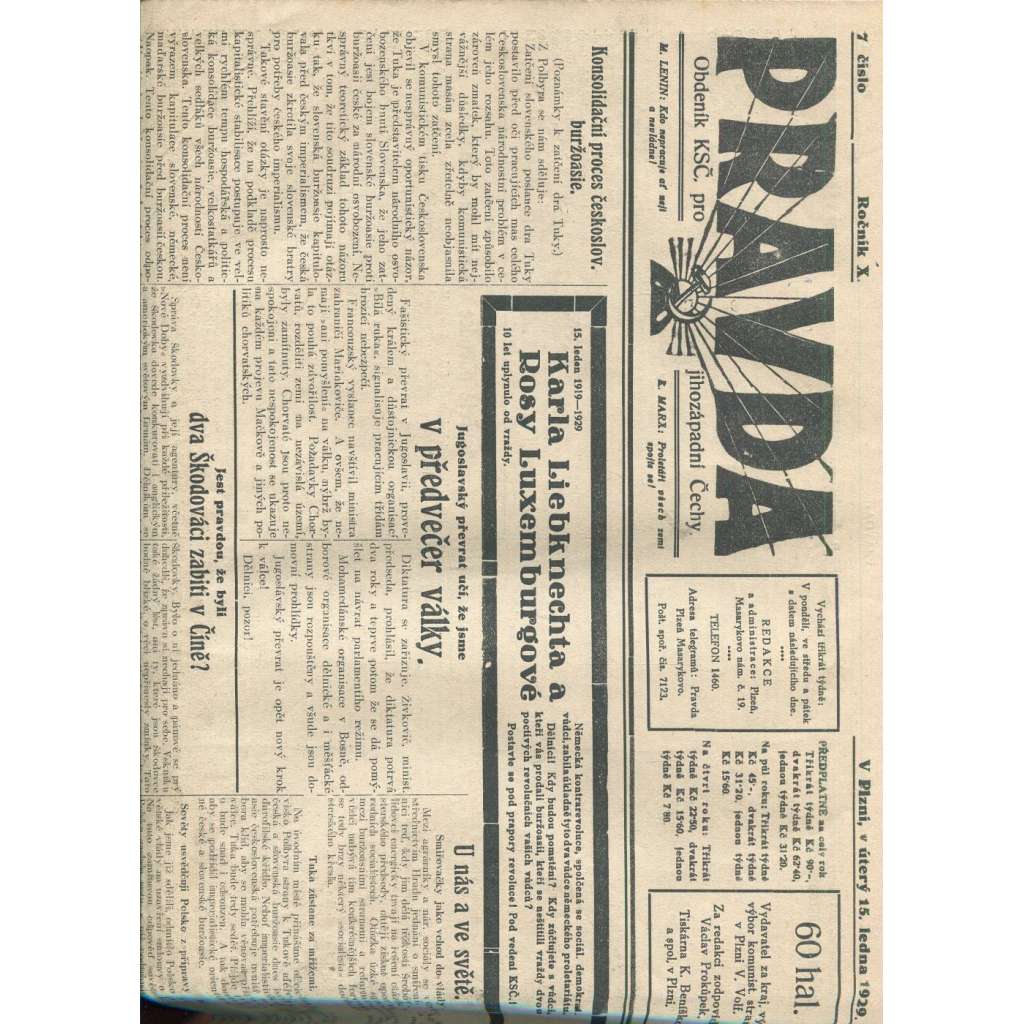 Pravda, ročník X., číslo 7/1929. Obdeník KSČ pro jihozápadní Čechy (1. republika, noviny) - Plzeň