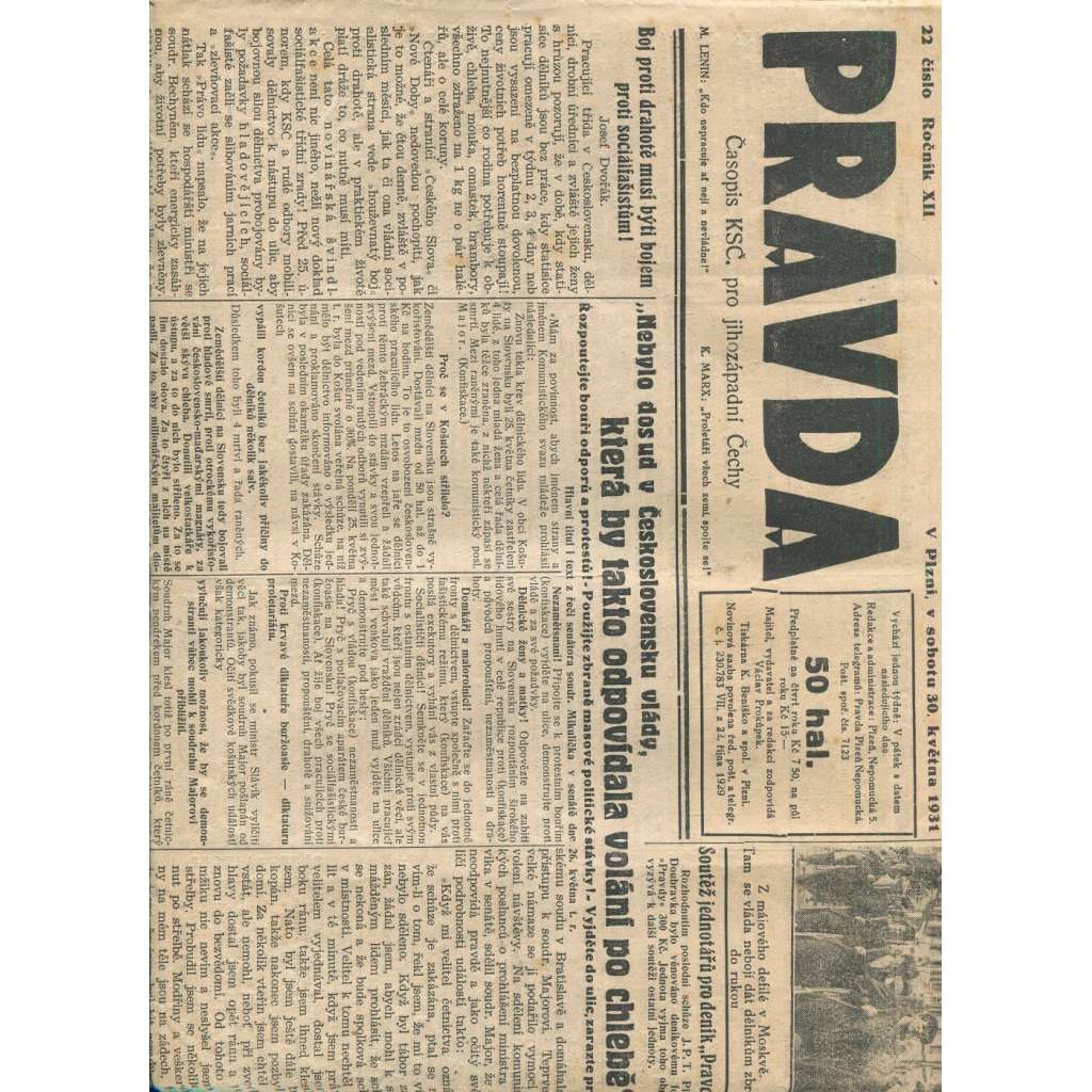 Pravda, ročník XII., číslo 22/1931. Časopis KSČ pro jihozápadní Čechy (1. republika, noviny) - Plzeň