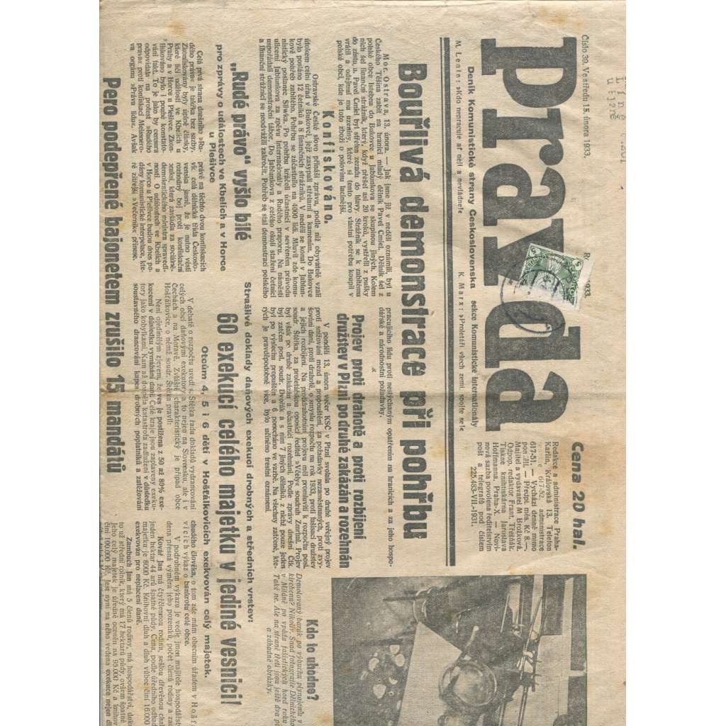 Pravda, číslo 39/1933. Deník Komunistické strany Československa (1. republika, noviny) - Plzeň