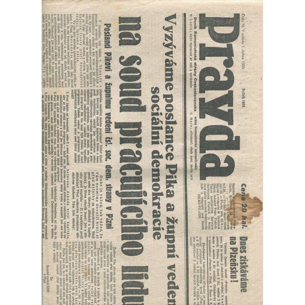 Pravda, číslo 78/1933. Deník Komunistické strany Československa (1. republika, noviny) - Plzeň