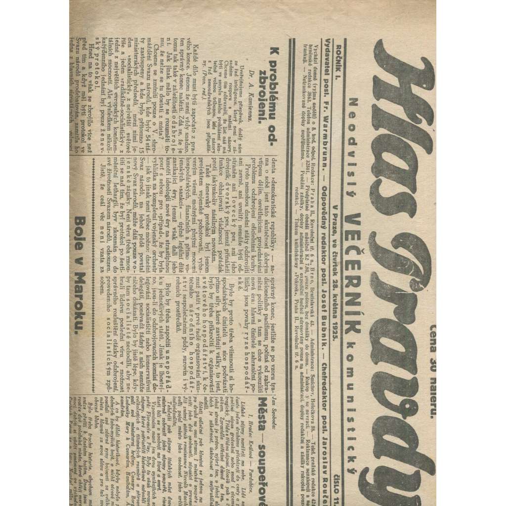 Hlas pravdy, ročník I., číslo 11/1925. Neodvislý večerník komunistický (1. republika, staré noviny, komunistická literatura)