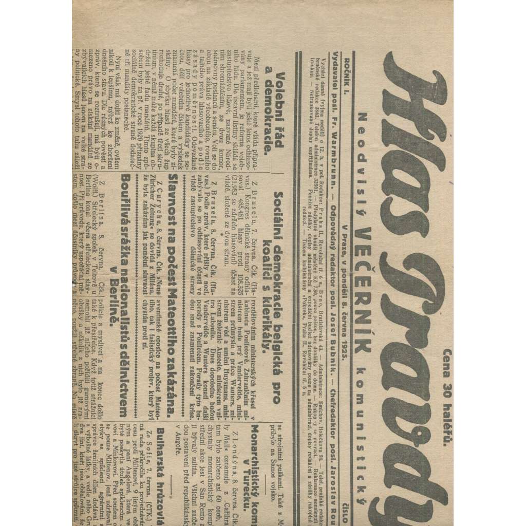 Hlas pravdy, ročník I., číslo 20/1925. Neodvislý večerník komunistický (1. republika, staré noviny, komunistická literatura)