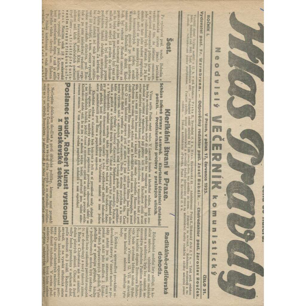 Hlas pravdy, ročník I., číslo 51/1925. Neodvislý večerník komunistický (1. republika, staré noviny, komunistická literatura)